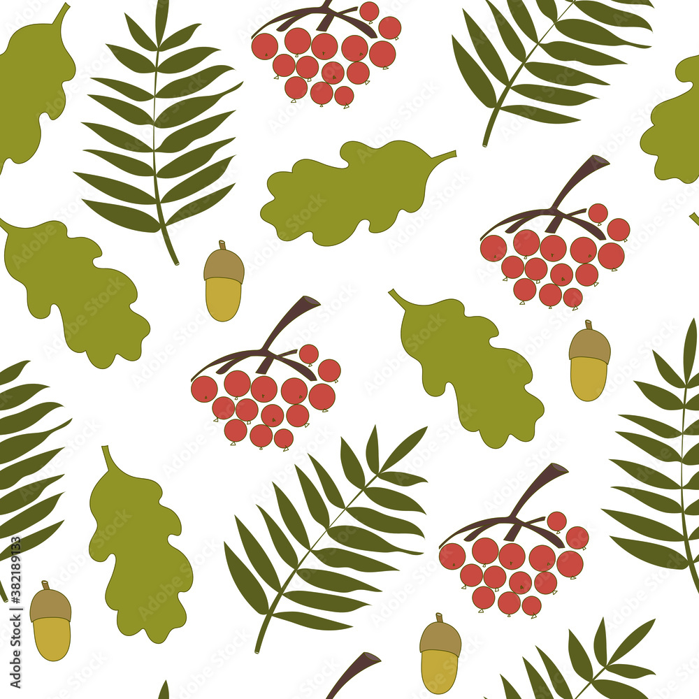 Seamless pattern. Autumn theme, oak and rowan leaves, bunches of berries and acorns. Simple cartoon 