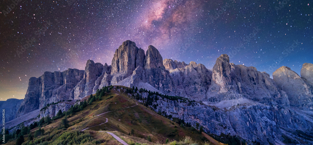 Giau Pass at night  with milky way high alpine pass, Passo Giau popular travel destination in Dolomi