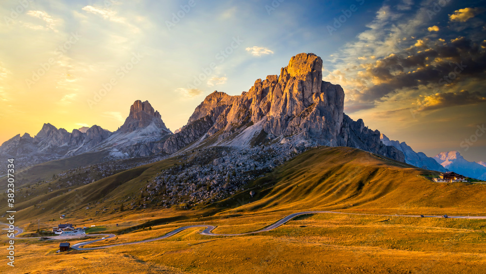 Giau Pass high alpine pass, Passo Giau popular travel destination in Dolomites, Dolomites, Italy.