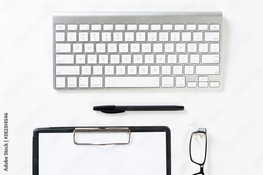 Top view of well organized home office workplace