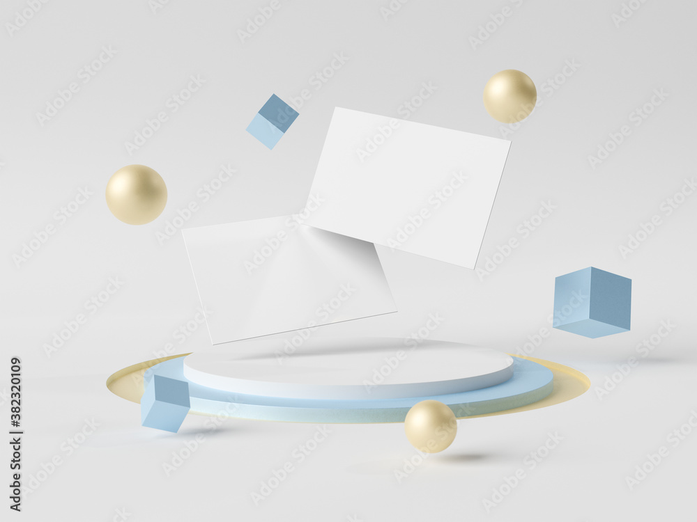 Floating business cards on stage podium Mockup. Template of international calling cards on pedestral