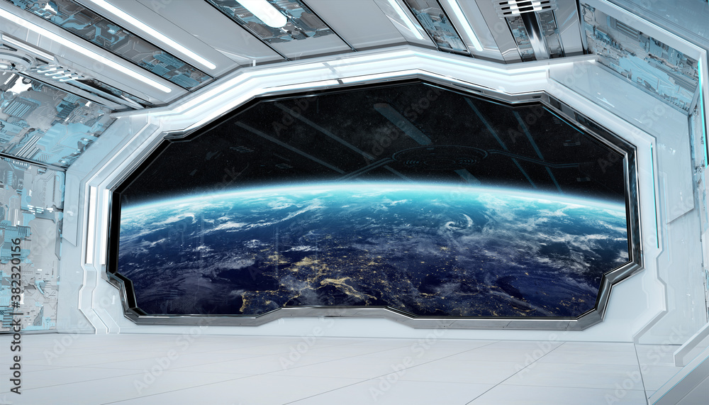 White blue spaceship futuristic interior with window view on planet Earth 3d rendering