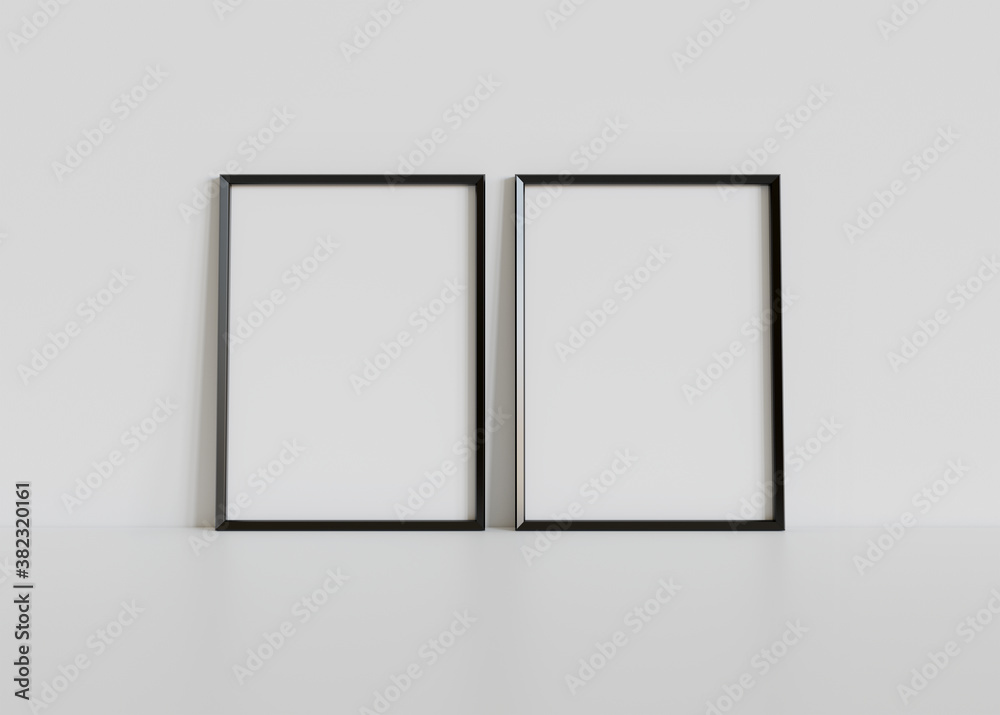 Two black frames leaning on white floor in interior mockup. Template of pictures framed on a wall 3D