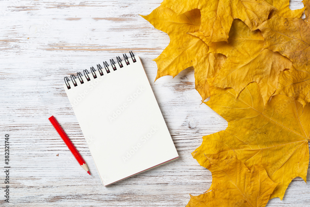 Spiral notepad and pen lies on vintage wooden desk