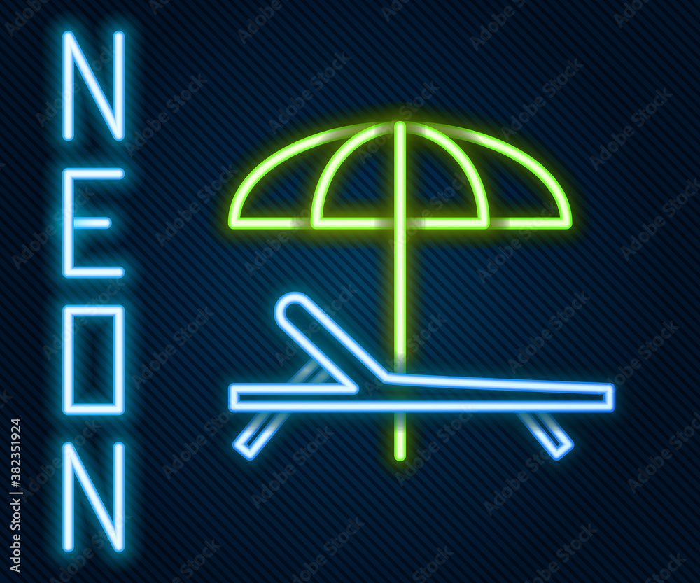 Glowing neon line Sunbed icon isolated on black background. Beach umbrella and Sun lounger. Colorful