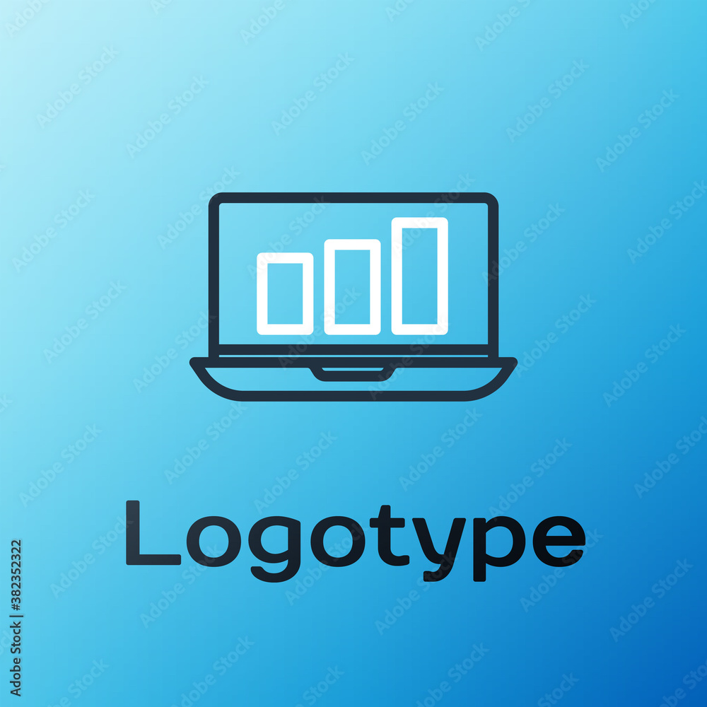 Line Laptop with graph chart icon isolated on blue background. Report text file icon. Accounting sig