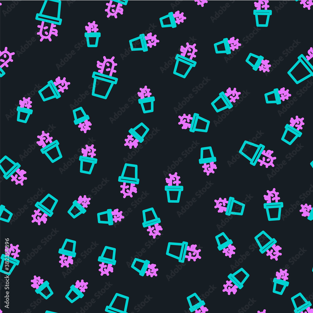 Line Cactus and succulent in pot icon isolated seamless pattern on black background. Plant growing i