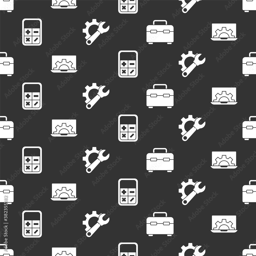 Set Toolbox, Laptop and gear, Calculator and Wrench spanner and gear on seamless pattern. Vector.