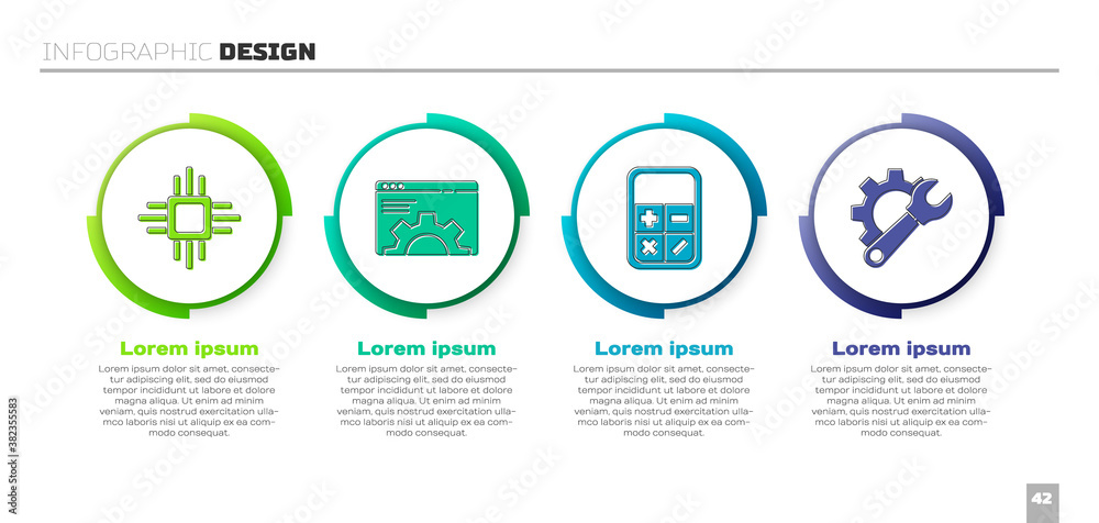 Set Processor with microcircuits CPU, Browser setting, Calculator and Wrench spanner and gear. Busin