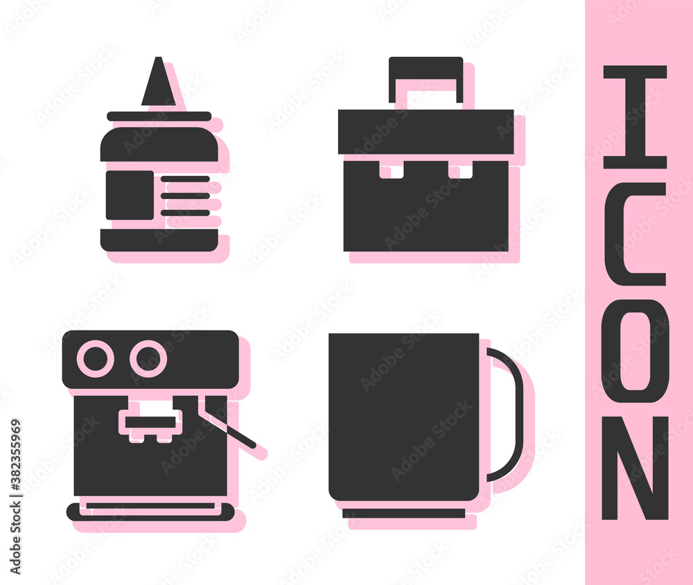 Set Coffee cup, Glue, Coffee machine and Briefcase icon. Vector.