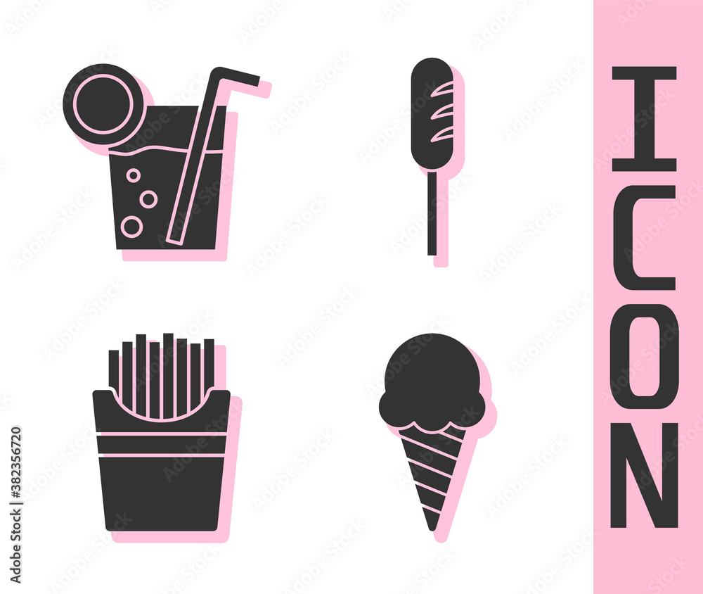 Set Ice cream in waffle cone, Cocktail, Potatoes french fries in box and Fried sausage icon. Vector.