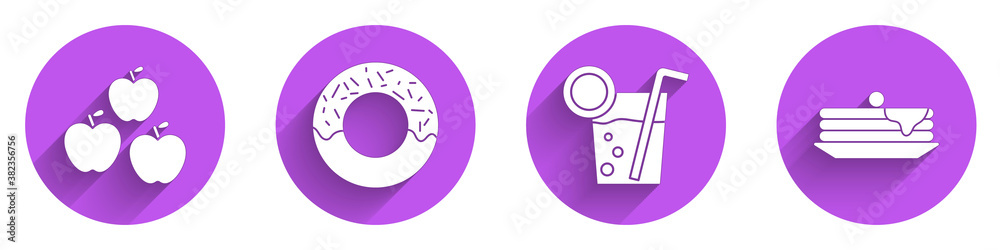 Set Apple, Donut, Cocktail and Stack of pancakes icon with long shadow. Vector.