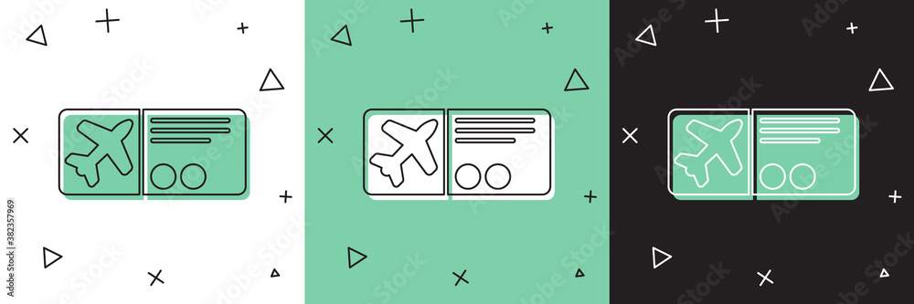 Set Airline ticket icon isolated on white and green, black background. Plane ticket. Vector Illustra