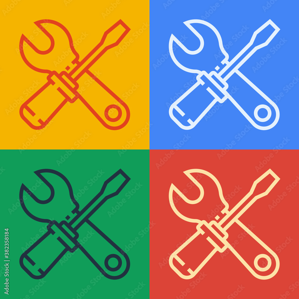 Pop art line Screwdriver and wrench spanner tools icon isolated on color background. Service tool sy