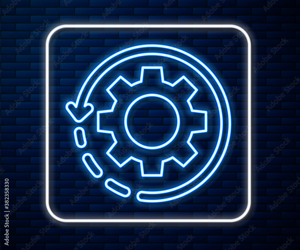 Glowing neon line Gear and arrows as workflow concept icon isolated on brick wall background. Gear r