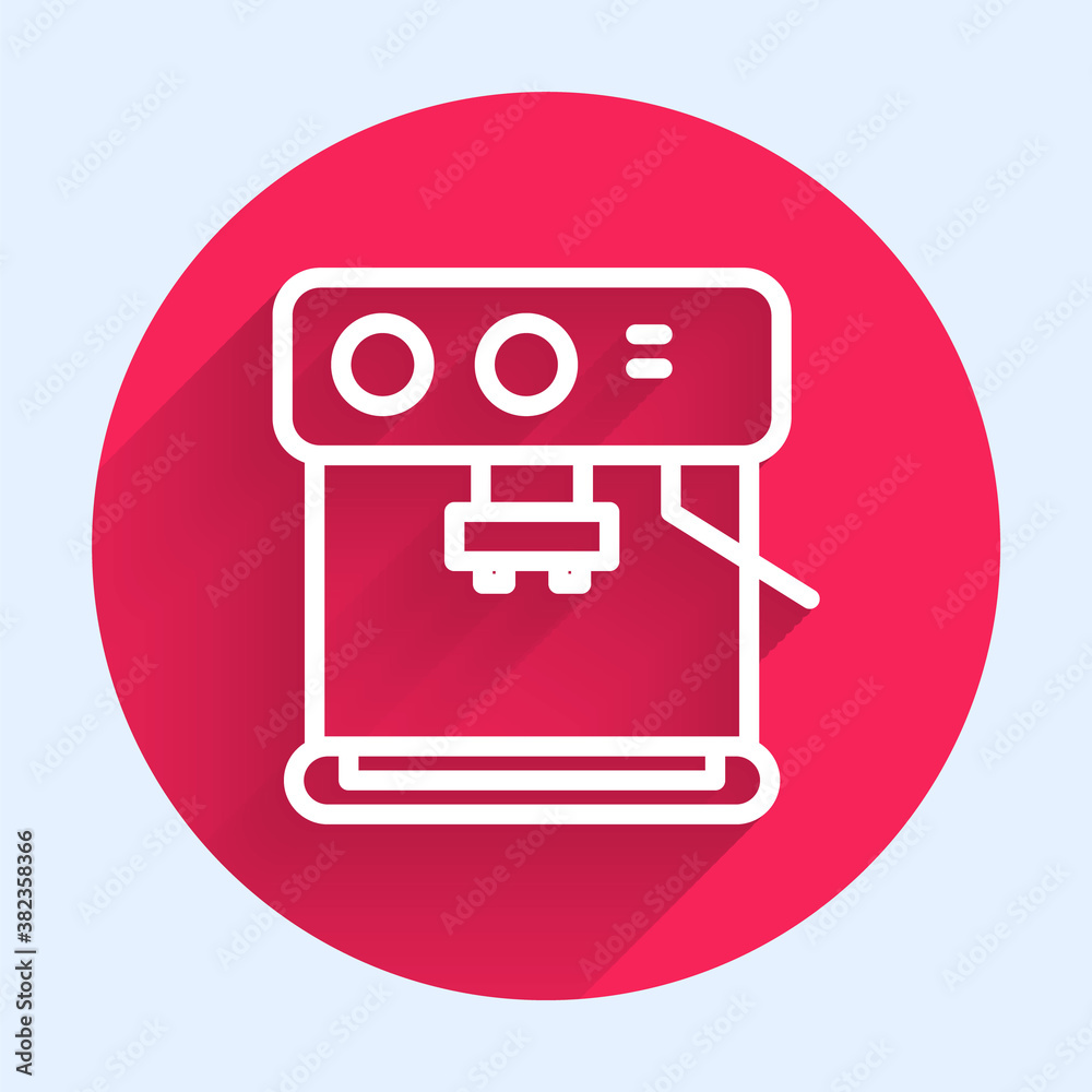 White line Coffee machine icon isolated with long shadow. Red circle button. Vector Illustration.