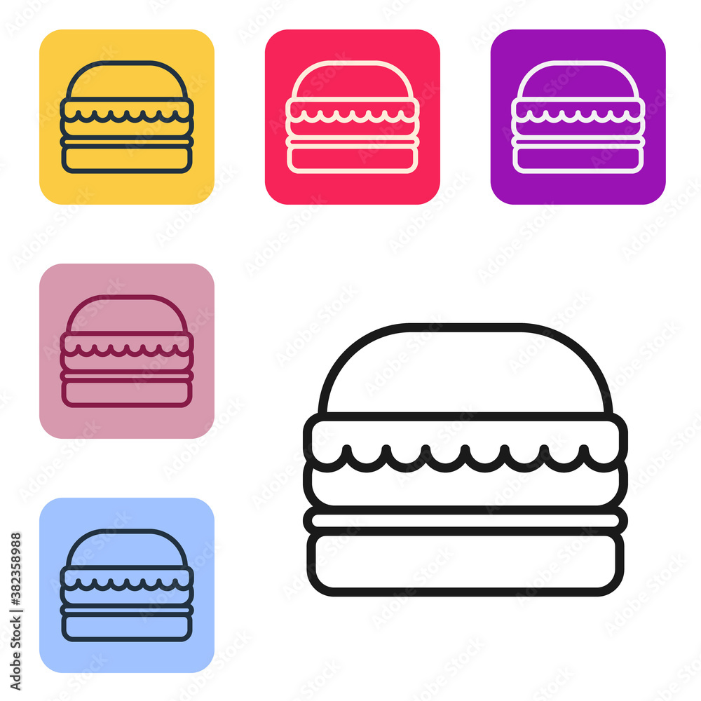 Black line Burger icon isolated on white background. Hamburger icon. Cheeseburger sandwich sign. Fas