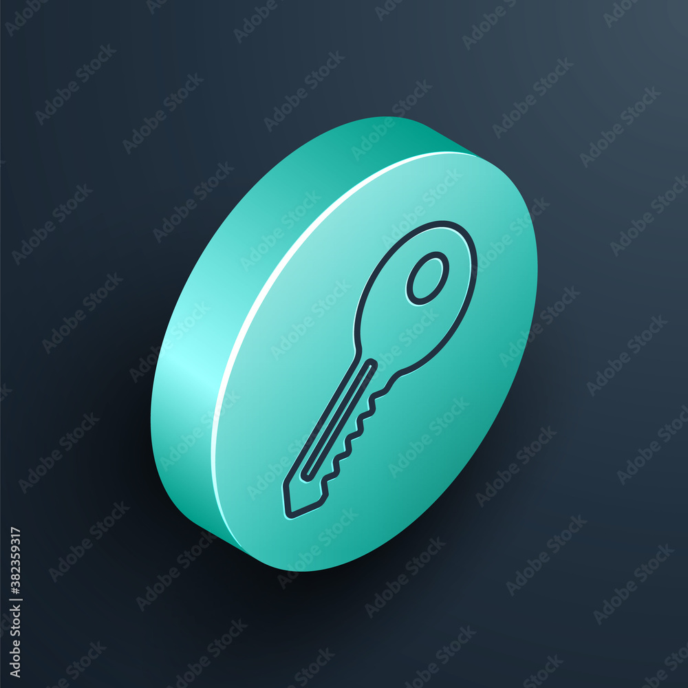 Isometric line Key icon isolated on black background. Turquoise circle button. Vector Illustration.