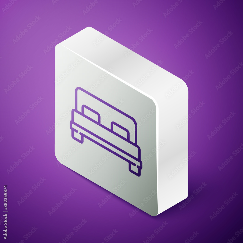 Isometric line Big bed for two or one person icon isolated on purple background. Silver square butto