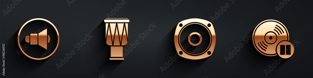 Set Speaker volume, Drum, Stereo speaker and Vinyl disk icon with long shadow. Vector.