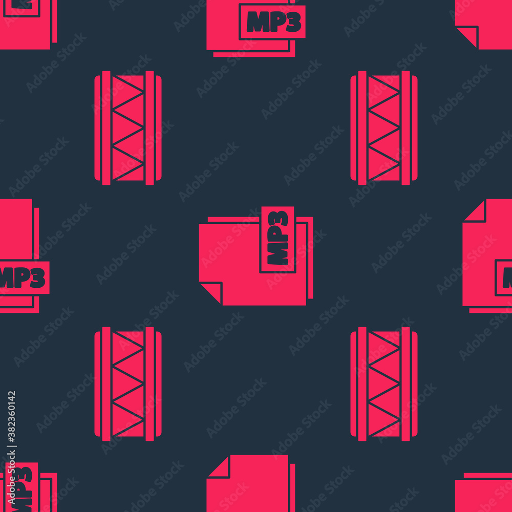 Set Drum and MP3 file document on seamless pattern. Vector.