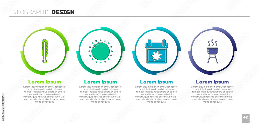 设置气象温度计、太阳、带秋叶和烧烤架的日历。商业信息图