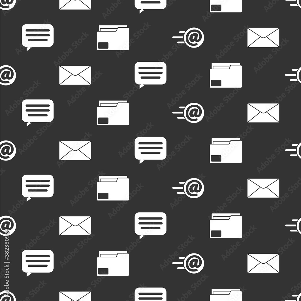 Set Mail and e-mail, Envelope, Speech bubble chat and Document folder on seamless pattern. Vector.