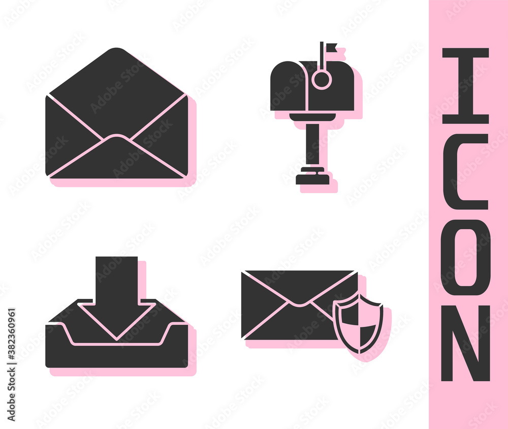 Set Envelope with shield, Envelope, Download inbox and Mail box icon. Vector.