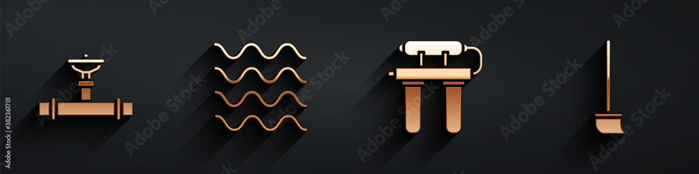 Set Industry pipe and valve, Wave, Water filter and Mop icon with long shadow. Vector.