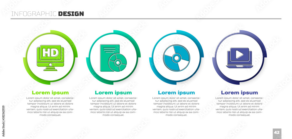 Set Monitor with HD video, CD or DVD disk, CD or DVD disk and Online play video. Business infographi