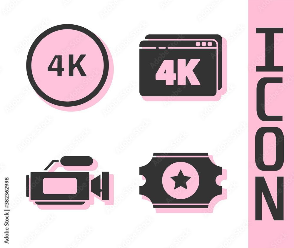 Set Cinema ticket, 4k Ultra HD, Cinema camera and Online play video with 4k icon. Vector.