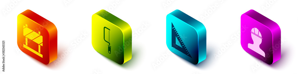 Set Isometric Road barrier, Hacksaw, Triangular ruler and Worker safety helmet icon. Vector.