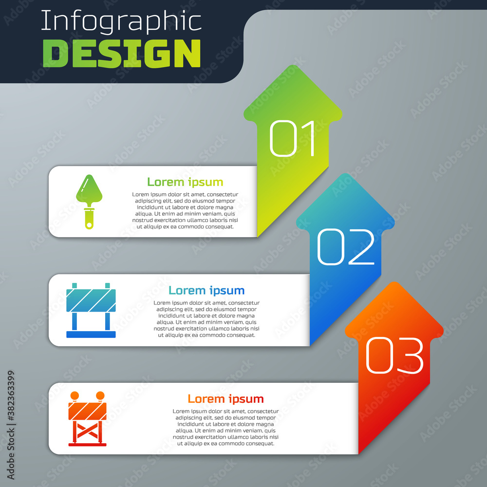 Set Trowel, Road barrier and Road barrier. Business infographic template. Vector.