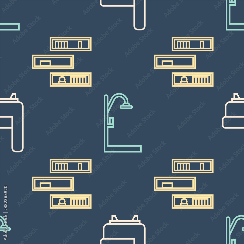 Set line Armchair, Shelf with books and Shower on seamless pattern. Vector.