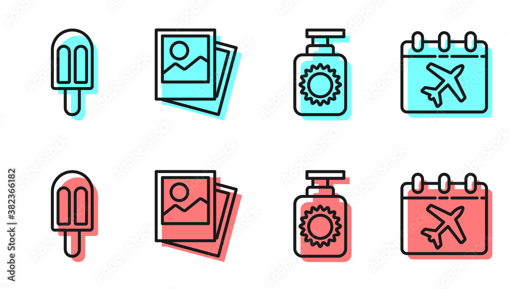 Set line Sunscreen spray bottle, Ice cream, Photo and Calendar and airplane icon. Vector.