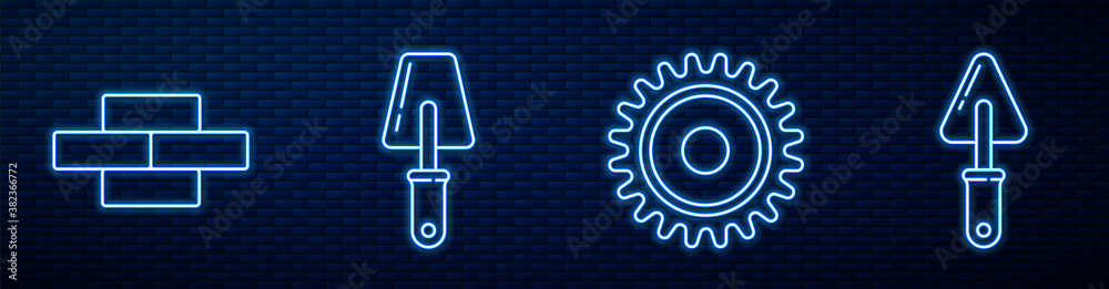 Set line Circular saw blade, Bricks, Trowel and Trowel. Glowing neon icon on brick wall. Vector.