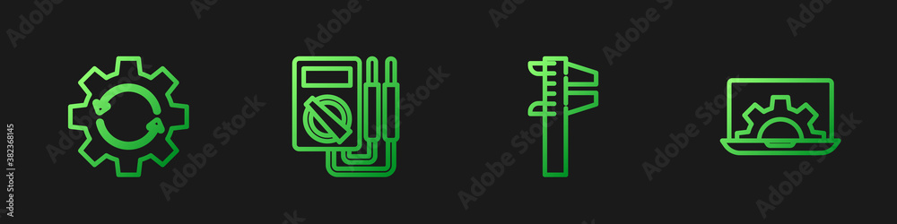 设置线卡尺或卡尺和刻度，齿轮箭头作为工作流程，万用表和笔记本电脑齿轮。Gradien