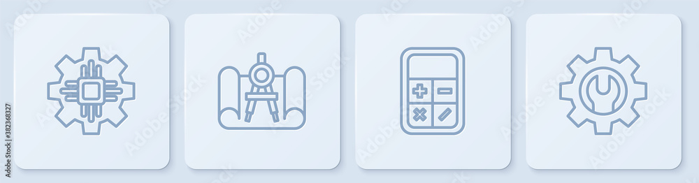 Set line Processor, Calculator, Graphing paper and compass and Wrench spanner gear. White square but