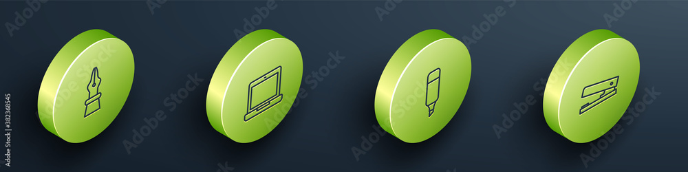 Set Isometric Fountain pen nib, Laptop, Marker and Office stapler icon. Vector.