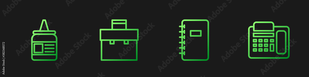 Set line Spiral notebook, Glue, Briefcase and Telephone. Gradient color icons. Vector.