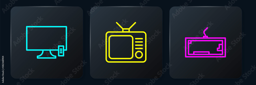 Set line Smart Tv, Keyboard and Retro tv. Black square button. Vector.