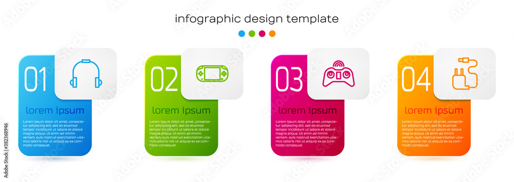 Set line Headphones, Portable video game console, Wireless gamepad and Charger. Business infographic