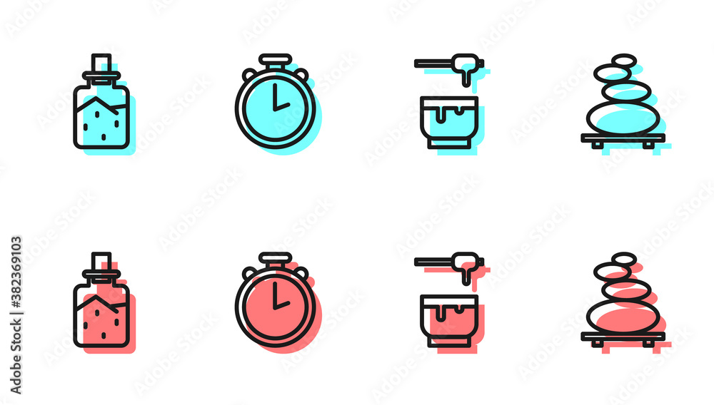 Set line Honey dipper stick and bowl, Spa salt, Stopwatch and Stack hot stones icon. Vector.