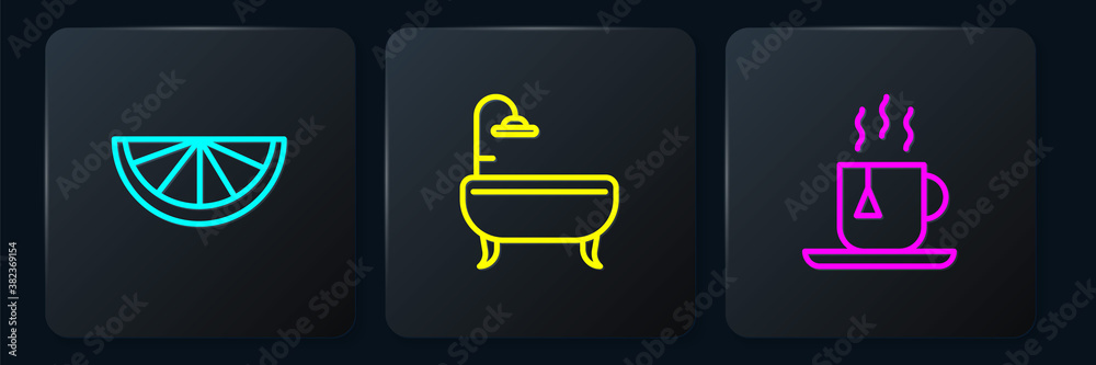 Set line Citrus fruit, Cup of tea with tea bag and Bathtub. Black square button. Vector.