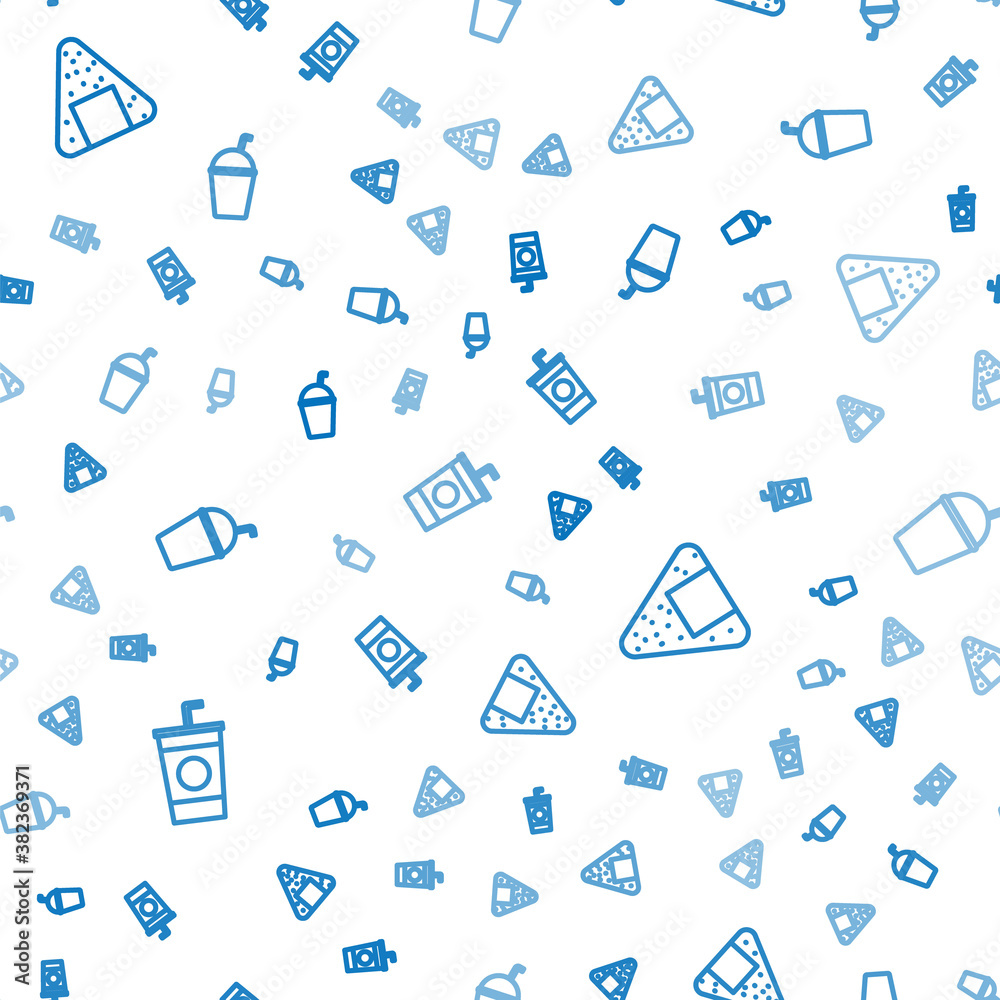 Set line Paper glass with straw, Onigiri and Milkshake on seamless pattern. Vector.