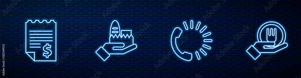 Set line Food ordering, Paper financial check, Online and delivery and . Glowing neon icon on brick 