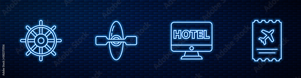 Set line Online hotel booking, Ship steering wheel, Kayak or canoe and Airline ticket. Glowing neon 