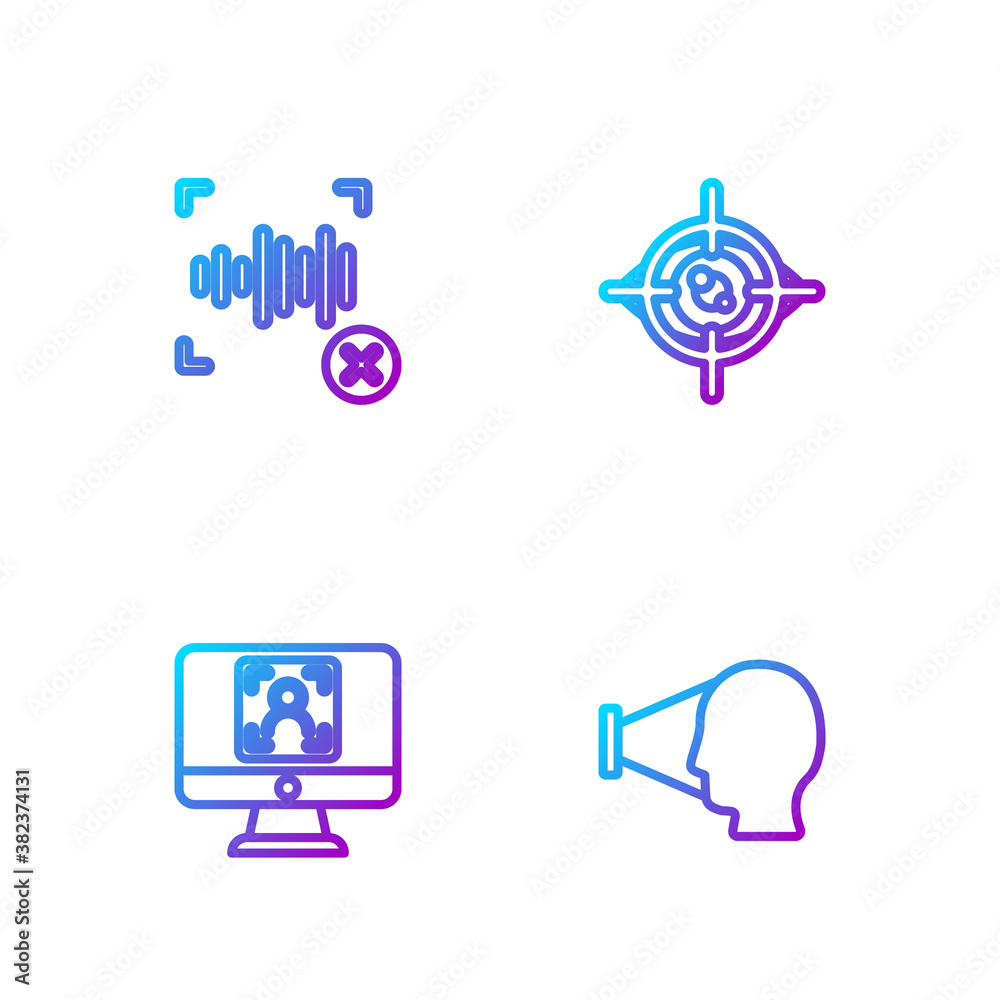 Set line Face recognition, , Rejection voice and Eye scan. Gradient color icons. Vector.