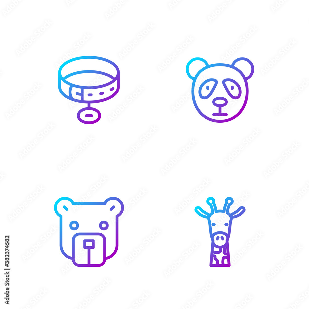 Set line Giraffe head, Bear, Collar with name tag and Cute panda face. Gradient color icons. Vector.