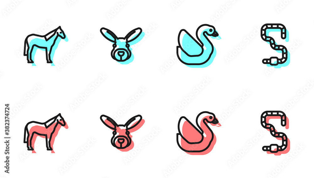 Set line Swan bird, Horse, Rabbit head and Worm icon. Vector.